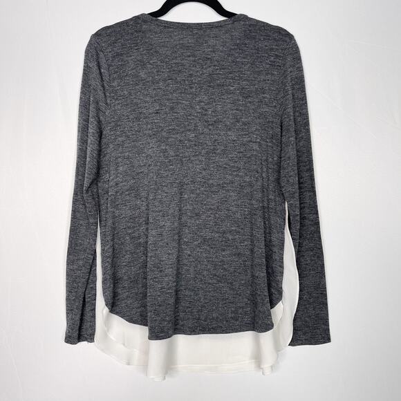 LOFT Medium Mixed Media Long Sleeve Top Heather Gray Cream Crew Neck Side Split - Picture 2 of 8